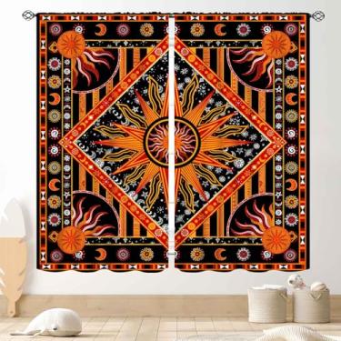 Imagem de Cortinas mandala hippie, medalhão indiano sol lua bruxa trippy boho paisly floral estética laranja janela cortinas tratamentos para quarto, sala de estar, cozinha, 2 painéis, 139,7 x 160 cm