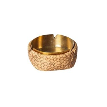Imagem de Cinzeiro Cinzeiro de imitação de rattan, forro de aço inoxidável, cinzeiro de cimento para casa, escritórios, varandas, jardins, decoração, etc. Cinzeiro de Mesa(Gold)