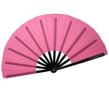 Imagem de QIRMIZI Grande leque dobrável de mão - Fãs de tecido de nylon - Fãs retrô vintage para kung fu chinês japonês, tai chi, dança, festivais de música, festas e decorações, rosa escuro