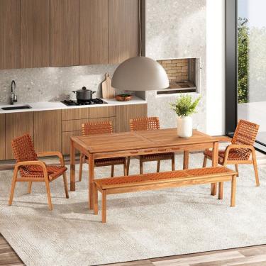 Imagem de Conjunto 4 Cadeiras 1 Banco 1 Mesa 180cm - Varanda Coberta/Área Gourmet Traço Stain Jatobá/Corda Ocre Jaranja