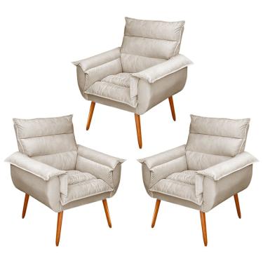 Imagem de Kit 03 Poltronas Decorativas Modernas Sala e Recepção Monza Pés Palito Suede Bege - Abmaza