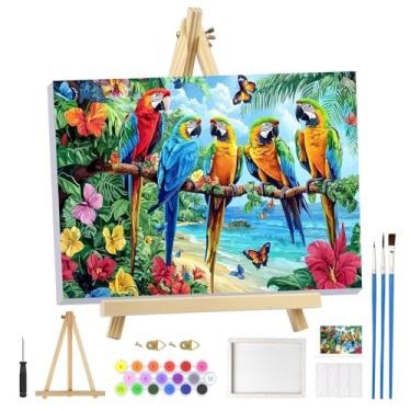 Imagem de MOGTAA Kit de pintura de papagaio por números para adultos iniciantes com moldura, kits de pintura por números em tela com cavalete, kits de pintura a óleo de flores DIY fáceis para decoração de casa