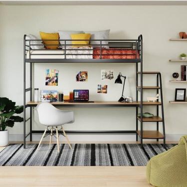 Imagem de Conjunto Cama Alta Infantil / Juvenil com Mesa de Estudos Teko Casatema Preto Fosco / Álamo