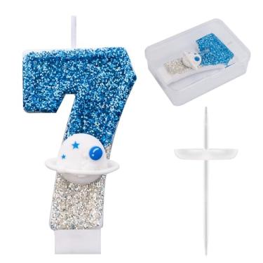 Imagem de Vela de aniversário com tema espacial, vela com número de astronauta, nave espacial, topo de bolo, universo, perfeito, foguete, nave espacial, decorações de bolo e lembrancinhas de festa (número 7)