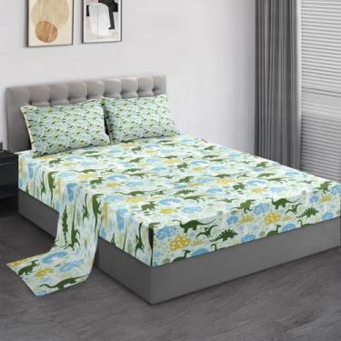 Imagem de Pamnest Jogo de lençol Queen, dinossauro verde, 4 peças, decoração de quarto de crianças e adultos, tricerátopo tiranossauro, brontossauro, pterodáctilo, lençol com elástico e 2 fronhas