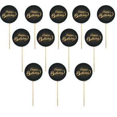 Imagem de Kit 12 Picks Decorativos Arranjo Flor Madeira Happy Birthday
