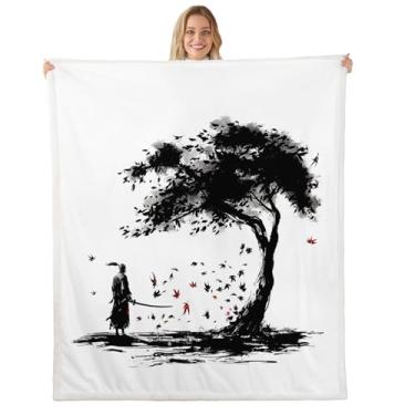 Imagem de Feelyou Cobertor Samurai Japonês Sherpa Bebê 76 cm x 101 cm Cobertor de Lã de Folha de Bordo para Cama Sofá Sofá Crianças Mulheres Homens Ultra Macio Folhas Caídas Cobertor de Pelúcia Tema Japonês