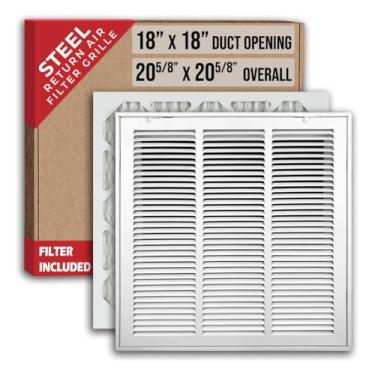Imagem de Filtro de 45,72 cm x 45,72 cm incluído Grade de filtro de ar de retorno de aço resistente [Face/porta removível] para filtros de 2,54 cm Grade de cobertura de duto HVAC, branco | Dimensões externas: 52,72 cm L x 51,72 cm A para abertura de dutos 18 x 18 cm