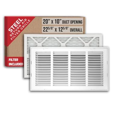 Imagem de Filtro de 50,8 cm x 25,4 cm incluído Grade de filtro de ar de retorno de aço resistente [face/porta removível] para filtros de 2,5 cm HVAC, branco | Dimensões externas: 55,8 cm L X 30,8 cm A para abertura do duto 50,8 cm x 10 cm