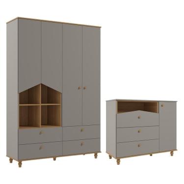 Imagem de Jogo De Quarto Infantil Casinha Guarda Roupa E Cômoda 1 Porta Fendi-nature - Permóbili Baby Fendi-nature