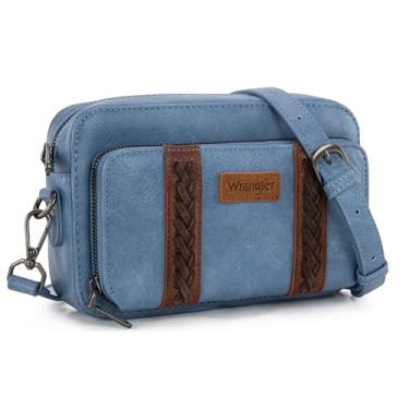 Imagem de Bolsa tiracolo feminina Wrangler pequena com vários bolsos e alça ajustável, Jeans, Bolsa tiracolo Wrangler feminina