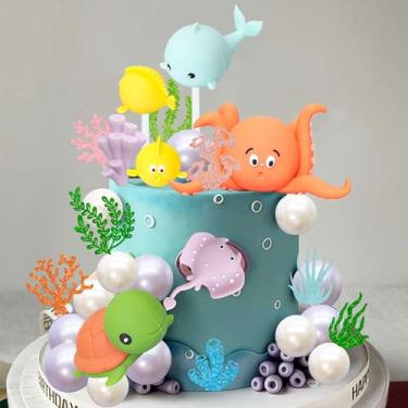 Imagem de Gyufise 25 peças decorações de bolo debaixo do mar, animais do oceano, tartaruga, peixe, bolo, bolo, bolos, decorações para tema submarino, meninos, meninas, chá de bebê, artigos de festa de