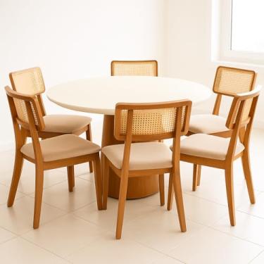 Imagem de Sala de Jantar Conjunto Mesa 135cm Redonda Base Cone com Vidro Temperado 6 Cadeiras Estofadas Linho Encosto em Rattan Natural