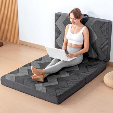 Imagem de INGEROOM Colchão duplo com três dobras – colchão dobrável de espuma viscoelástica de 10 cm para acampamento, com alça portátil, antiderrapante, dobrável, para cama, sofá para viagem, ioga, capa