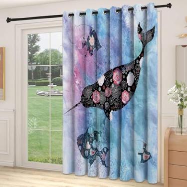 Imagem de Divisória de parede de cortina de quarto narval, inspirações de arte abstrata psicodélica de baleia e peixe com estampa floral, cortinas largas isoladas/cortinas de quarto (painel único), L 226 x C