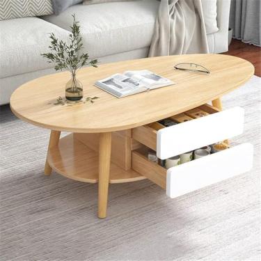 Imagem de Mesa De Centro De Madeira Oval, Mesas De Centro Da Forma De 2 Camadas, Com O Shelving Aberto Para O Armazenamento E A Exposição 2 Gavetas, Para A Mobília Home Do Pro, White a, 90×50×42cm