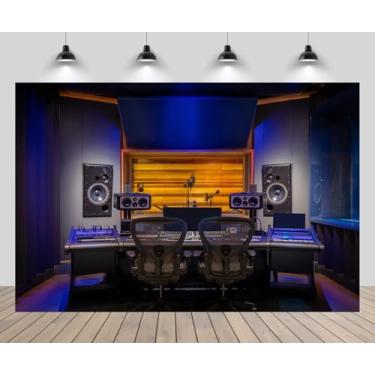 Imagem de CHNYWORK 2,7 x 1,8 m cenário de estúdio de gravação moderno, mesa misturadora, equipamento de fonte, dispositivo de audição, mesa de operação, fundo, cantor, produtor musical, decoração de festa