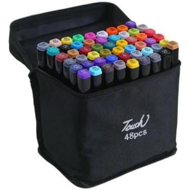 Imagem de Kit Canetas Permanentes Coloridas Ponta Dupla c/ Estojo Preto 48 cores