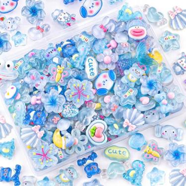 Imagem de 100 peças de pingentes de geleca azul sortidos lindos enfeites de geleia, enfeite de resina plana a granel aleatório urso coelho kawaii acessórios para capa de telefone lixo, grampos de cabelo