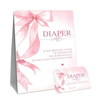 Imagem de Conjunto de jogo de sorteio de fraldas para chá de bebê - laço rosa 1 placa de pé e 50 bilhetes de sorteio de fraldas - anúncio de bebê, atividades de festa revelação de gênero e decorações para