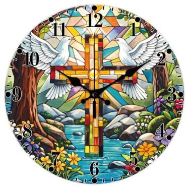 Imagem de CHGCRAFT Relógio de parede com padrão de vidro pintado, 30 cm, cruz sem tique-taque e padrão de pomba branca, relógio redondo para pendurar na parede, operado por bateria para quarto, sala de estar