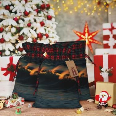 Imagem de LZQPOEAS Sacos de presente de Natal com cordão, ondas ao anoitecer, sacos de presente de Natal para presente de Natal, sacos de cordão, sacos de embrulho de Natal, sacos de linho de Natal com cordão
