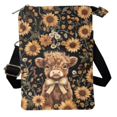 Imagem de Xpyiqun Bolsa transversal de lona feminina pequena bolsa de ombro para celular, Highland Cow Girassol B, Small