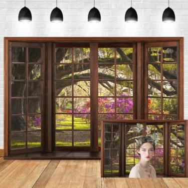 Imagem de Cenário de janela de primavera, 2,1 x 1,5 m, vintage, janela marrom, árvores antigas, flores, parque, fotografia, fundo, floresta, floral, paisagem natural, zoom, reunião, videoconferência, decoração