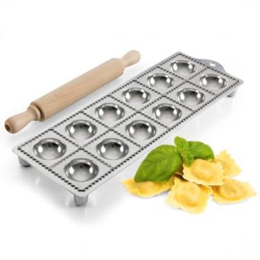 Imagem de Molde de ravioli – Cortador de massa faz 12 raviólis redondos de 5 cm – Máquina de massa recheada fácil de usar com rolo de madeira e pés de borracha antiderrapantes – Feito na Itália Utensílios de