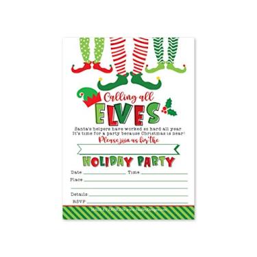 Imagem de 25 Convites de festa de férias de inverno, convite de jantar de Natal de Natal, aniversário bebê chá de noiva ideias de cartões temáticos para eventos festivos, vermelho branco crianças adultos elfo Bday, modelo para impressão
