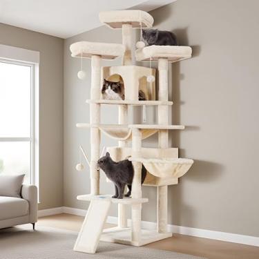 Imagem de Árvore para gatos Hey-brother, grande torre para gatos de 180 cm GG para gatos internos, casa de gatos de vários níveis com 3 poleiros acolchoados, arranhador grande, cesta aconchegante, 2 condomínios