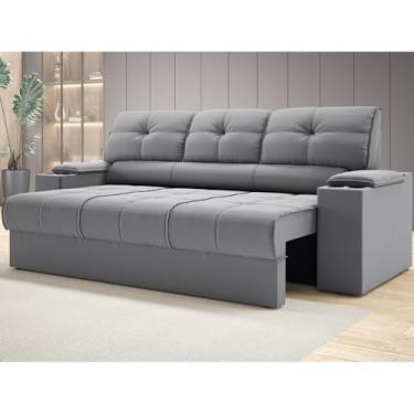 Imagem de Sofá Reclinável de Luxo com Porta Copos e Apoio Retrátil - Conforto em Veludo Suede | 205cm | (Cinza)