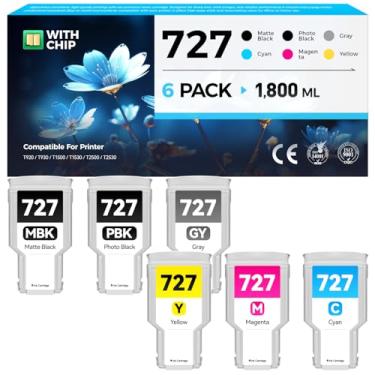 Imagem de Conjunto de cartuchos de tinta 727, pacote com 6, substituição de alto rendimento de 300 ml para tinta HP 727 F9J79A C1Q12A F9J76A F9J77A F9J78A F9J80A compatível com HP DesignJet T930 T920 T1500