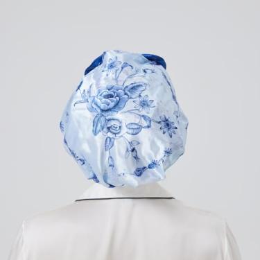 Imagem de LONGDON HOMEONE Toucas de banho femininas, com uma variedade de padrões, design de laço, toucas de banho impermeáveis de tamanho grande para cabelos longos com tecido de cetim e EVA de camada dupla (Rosa Azul)