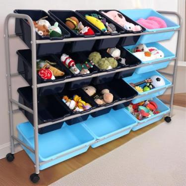 Imagem de Organizador de brinquedos infantis, rack de armazenamento de brinquedos de metal multiuso de 4 camadas com 18 caixas pequenas de plástico destacáveis para sala de jogos escolar, berçário, quarto de