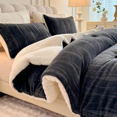 Imagem de tohrisa Conjunto de edredom solteiro listrado 3D de lã de ovelha, estampa geométrica, boêmio, 2 peças, quente, aconchegante, felpudo, com 2 fronhas (162 x 224 cm, cinza escuro)