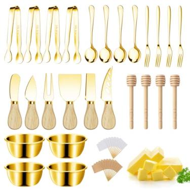 Imagem de Acessórios para tábuas de charcutaria, utensílios de charcutaria, conjunto de facas para espalhar manteiga e queijo, pequenas pinças para servir, garfos e colheres, tigelas de imersão, palitos de mel