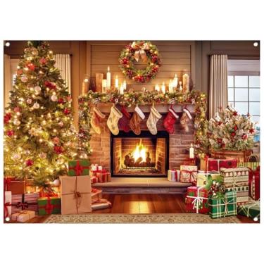 Imagem de WOLADA Pano de fundo de tecido para lareira de Natal, guirlanda de árvore de Natal, meias para presente, faixa de luz dourada, fundo decorativo, 82,68 x 59,06 polegadas FW132