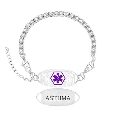 Imagem de Zircobic Pulseira feminina de identificação médica com corrente de tênis de zircão branco, placa gravada intercambiável, fecho lagosta ajustável, leve, hipoalergênica, para corrida, ao ar livre, uso