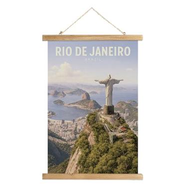 Imagem de WREVERW Pôster vintage de arte de parede do Rio de Janeiro Brasil, tela de paisagem urbana do Cristo Redentor com moldura de madeira, decoração de viagem para sala de estar, quarto, escritório, 40 x