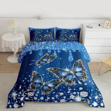 Imagem de Feelyou Conjunto de edredom de borboleta, todas as estações, diamantes azuis, com 2 fronhas, chique, luxuoso, microfibra com glitter, crianças, casal (apenas estampa), edredom para decoração de quarto