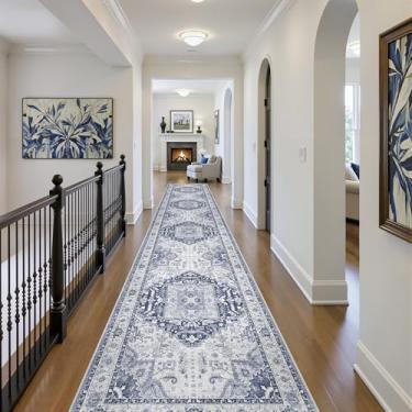 Imagem de xilixili Tapete de corredor lavável de 6 x 35 cm - Antiderrapante Longo Vintage Corredor Tapete para Cozinha Resistente a Manchas Tapete Impermeável para Sala de Estar Entrada Quarto Lavanderia Azul