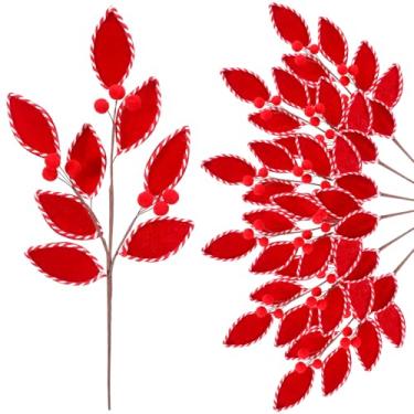 Imagem de Chuangdi 6 peças de folhas vermelhas artificiais flocadas de 35,5 cm, palhetas e sprays de árvore de Natal com pompom vermelho, caule de folha de Natal para guirlandas de bricolage, guirlandas