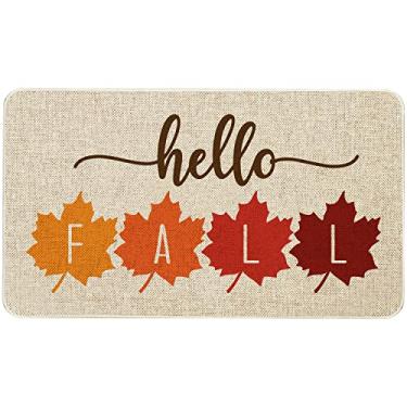Imagem de Mloabuc Hello Fall Tapete de porta de folhas de bordo decoram, sazonal outono casa de fazenda ação de graças juta quintal rústico tapete de baixo perfil