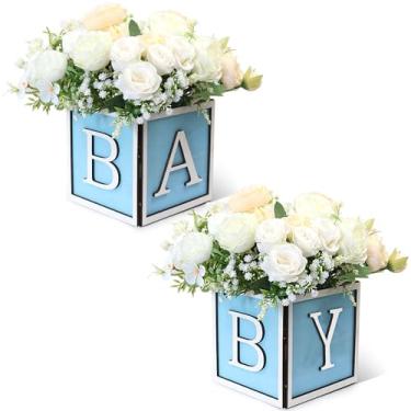 Imagem de Acmee Conjunto de 2 peças centrais de chá de bebê para mesas - caixas de madeira de 15 cm com letras de bebê, blocos de madeira rústicos para plantador de cubo para meninos e meninas, lembrancinhas de