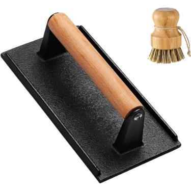 Imagem de Prensa de hambúrguer, prensa retangular de bacon de 19,8 cm para grelha, prensa de carne triturada de ferro fundido resistente de 1 kg – churrascos e churrascos indispensáveis, com escova de palma