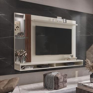 Imagem de Painel Ripado Tv 55 Polegadas Suspenso Com Espelho Sarabi - Off White E Naturale