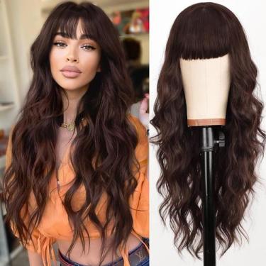 Imagem de Peruca AISI HAIR marrom longa ondulada sintética para mulheres com fra
