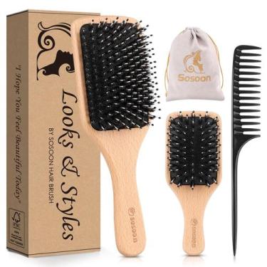 Imagem de Escova de cabelo Sosoon Boar Bristle Paddle, pacote com 2 pentes e bol