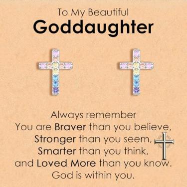 Imagem de CERSLIMO Brincos de cruz para afilhada, confirmação cristã, comunhão, batismo, religioso, Natal, aniversário, presentes inspiradores para meninas, crianças, adolescentes e adolescentes